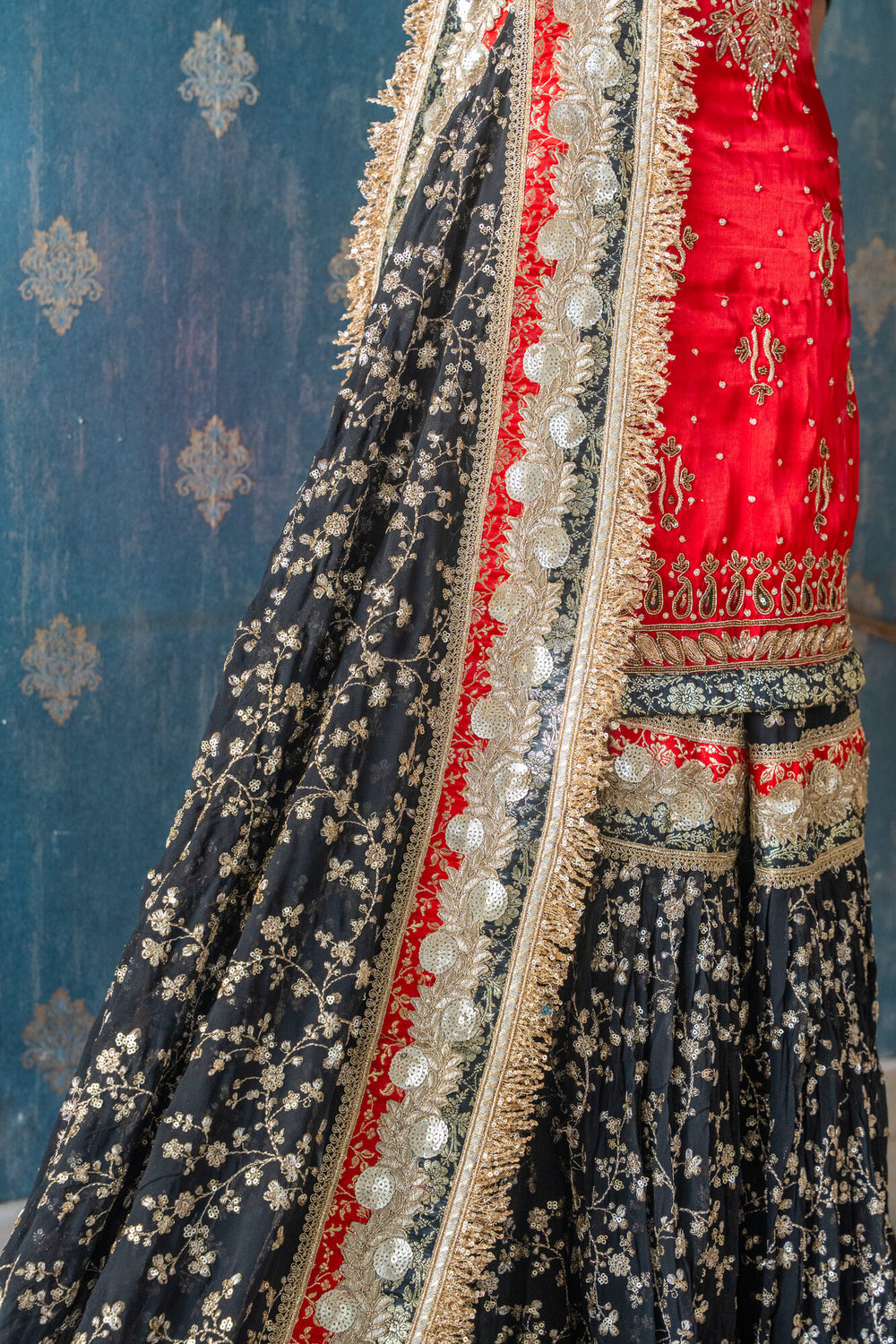 Raat Rani Gharara Set photographed with Husnaraa jewellery