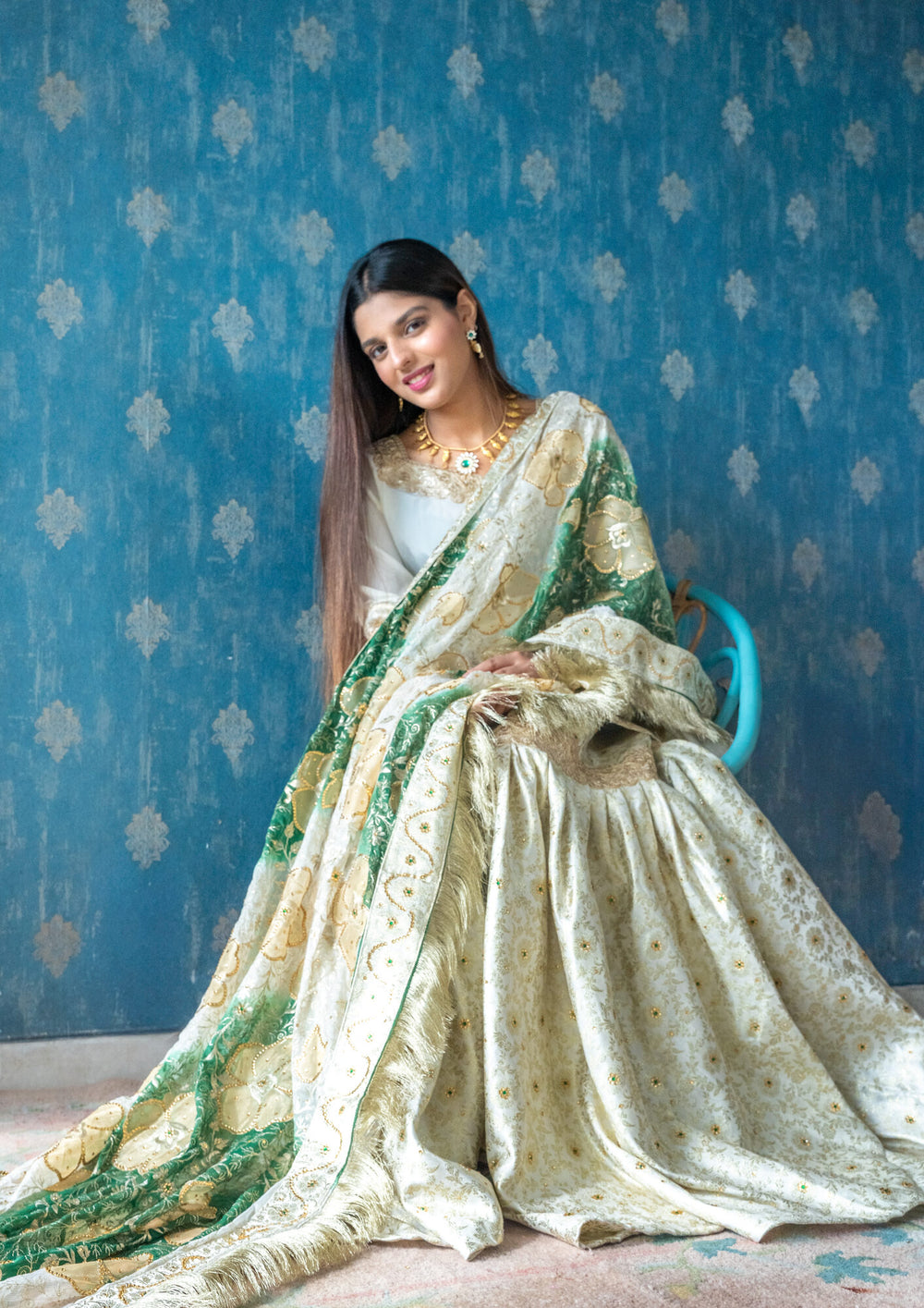 Ruhaani Gharara Set photographed with Husnaraa jewellery