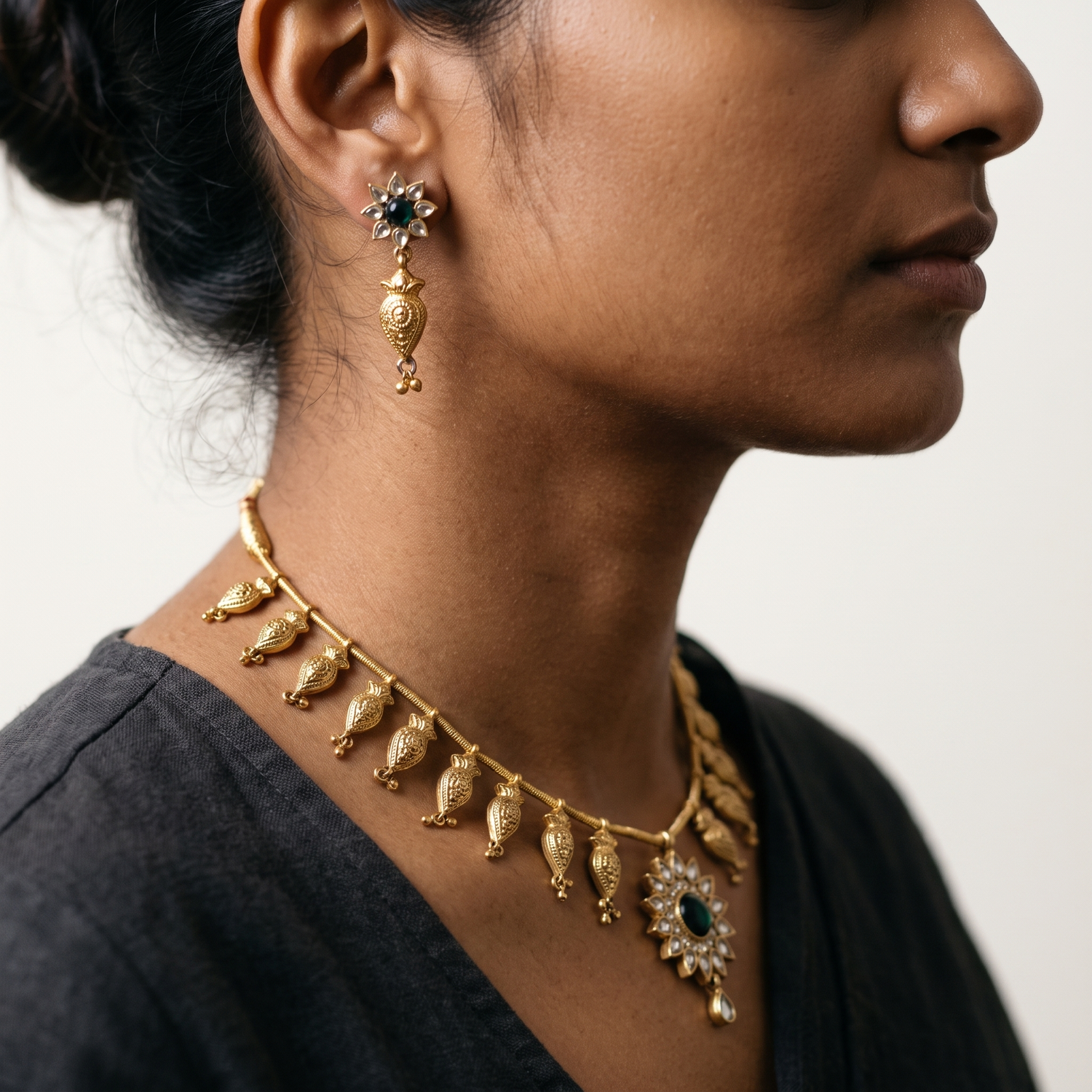 Badam Kali necklace and earrings worn together, Husnaraa editorial campaign photograph