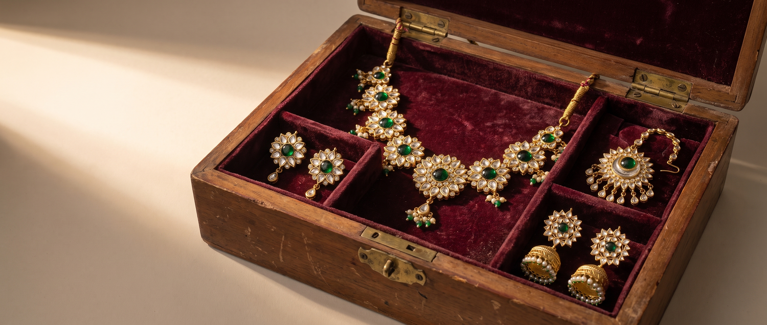 Karan Phool necklace, teeka and jhumka, heirloom jewelry box editorial flatlay