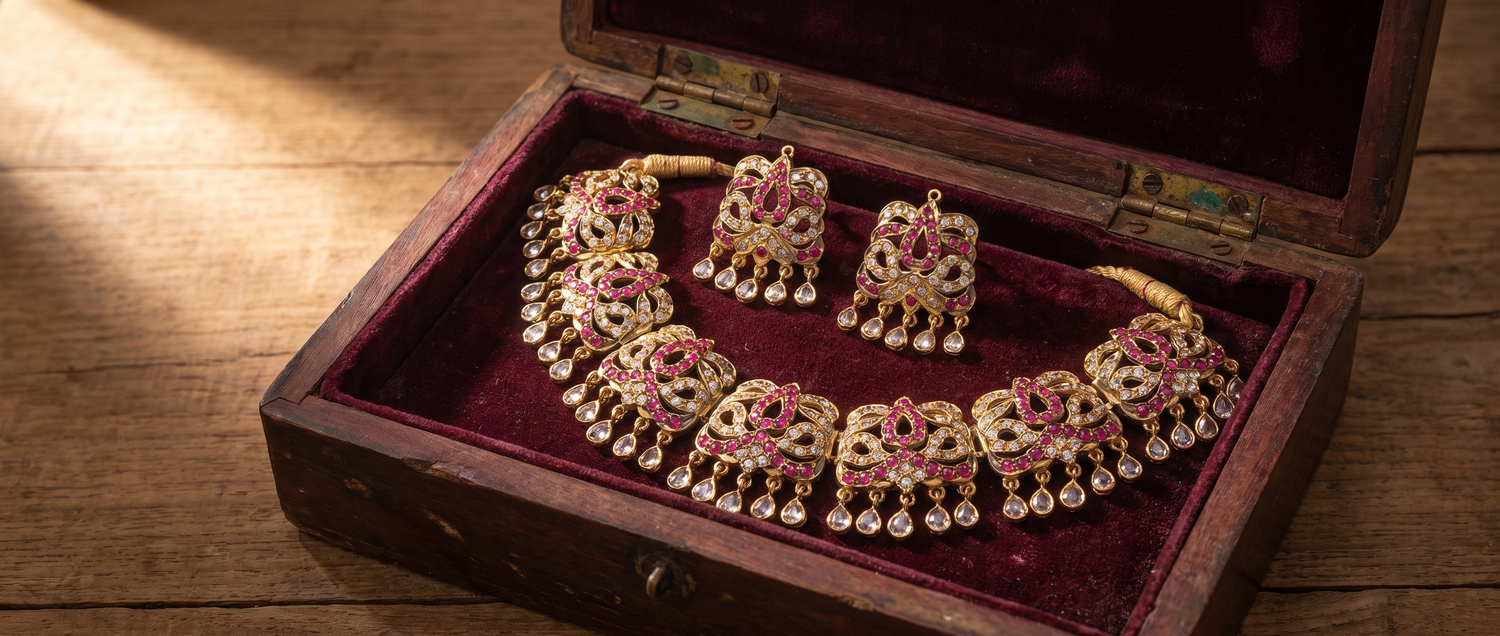 Jadau Set, heirloom jewelry box editorial flatlay