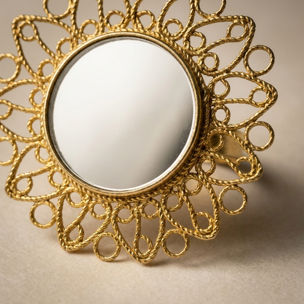 Aarsi mirror ring - macro detail of the mirror bezel and gold wirework