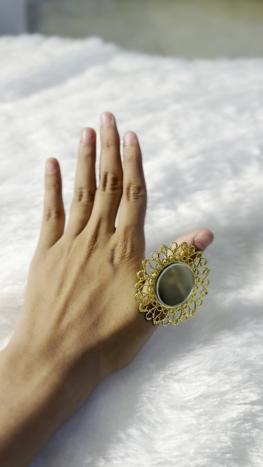 Aarsi mirror ring worn on hand for scale reference, real photo