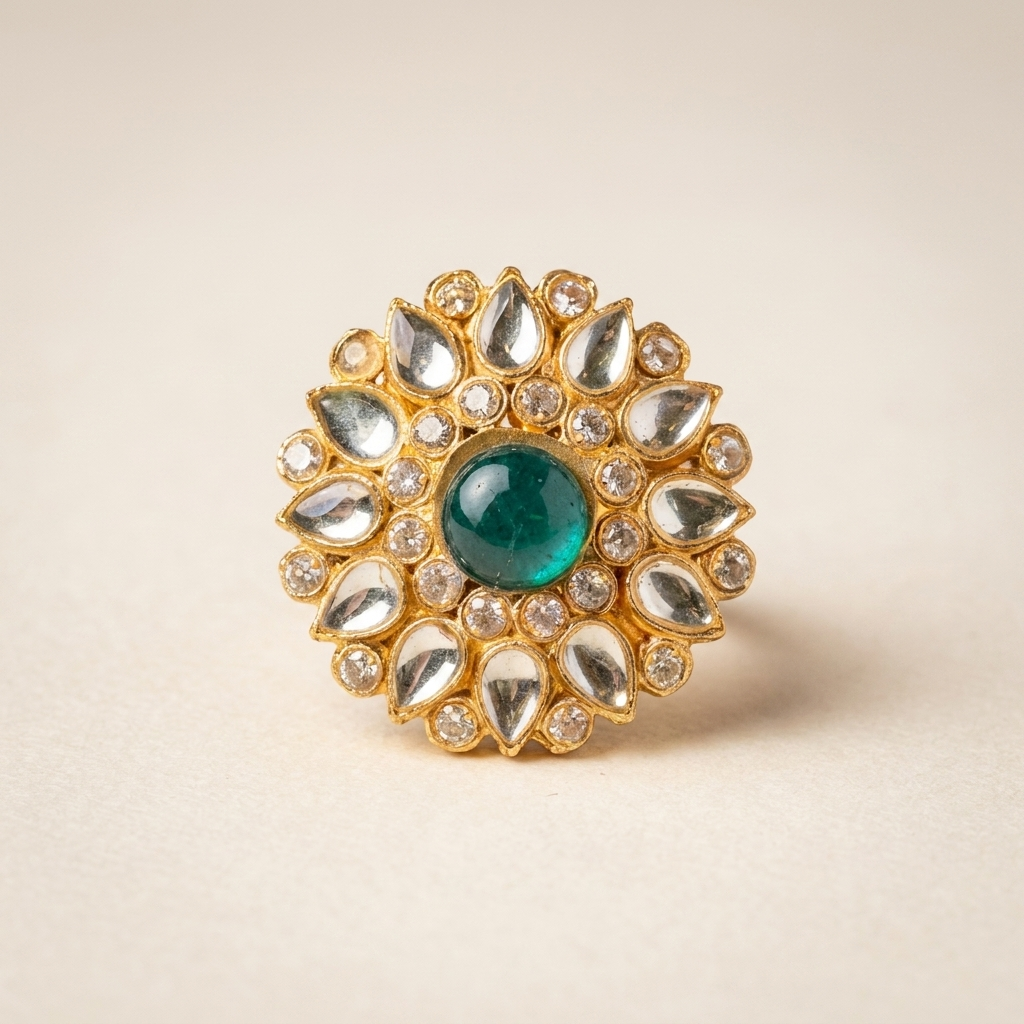 Karan Phool Ring - kundan sunburst ring with teal centre stone, hero shot