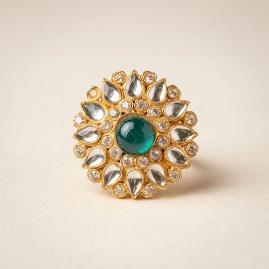 Karan Phool Ring - kundan sunburst ring with teal centre stone, hero shot