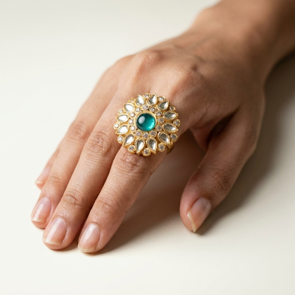 Karan Phool Ring worn on hand for scale reference