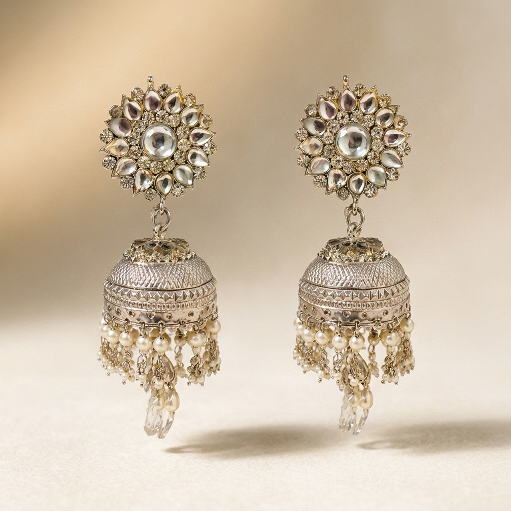 Karan Phool Silver Jhumka