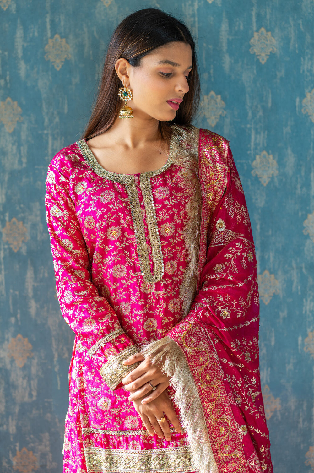 Rani Gharara Set photographed with Husnaraa jewellery