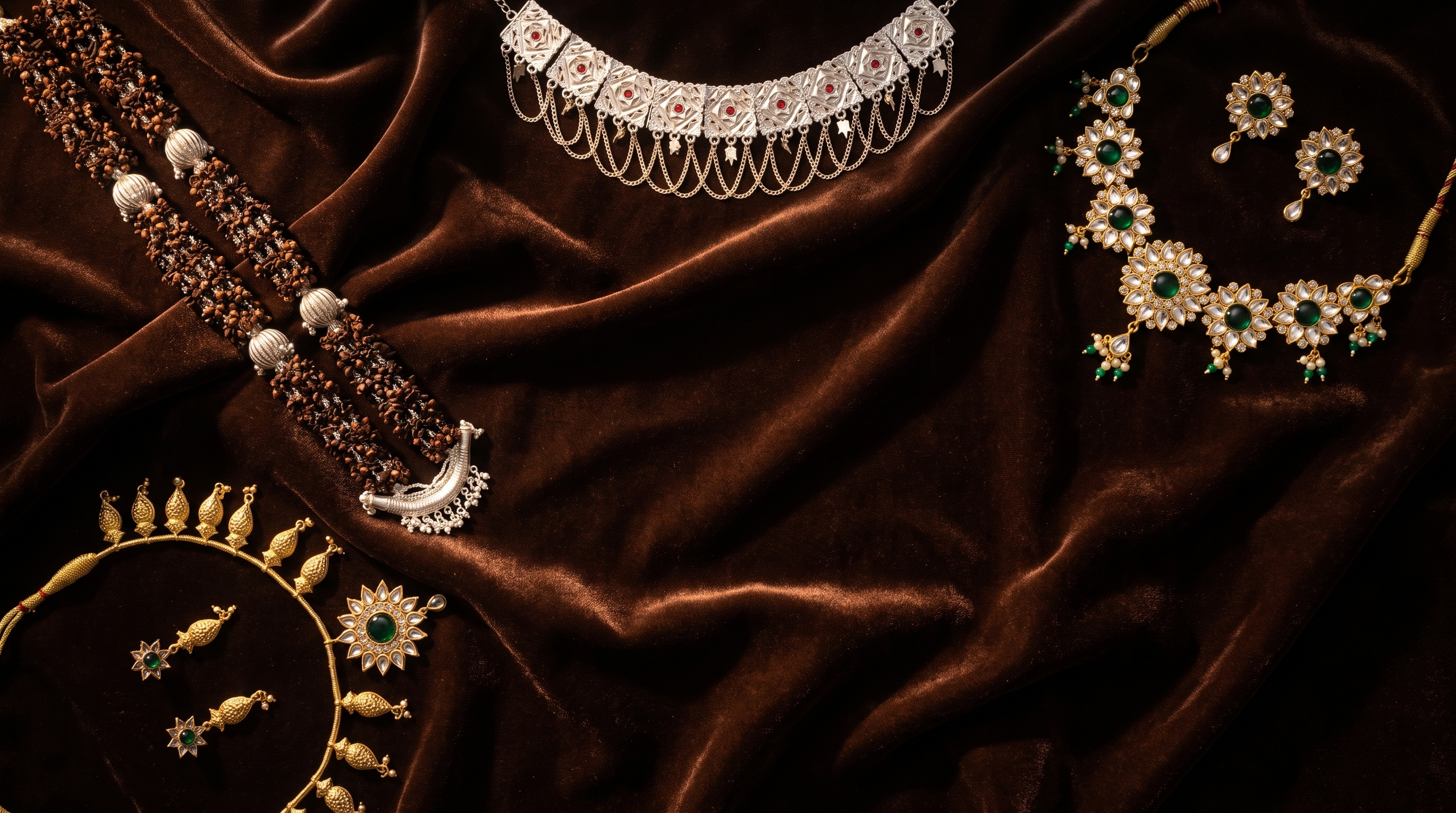 Husnaraa jewellery flatlay on brown velvet: a silver choker, a kundan and emerald necklace set, a dark bead necklace, and a gold necklace set